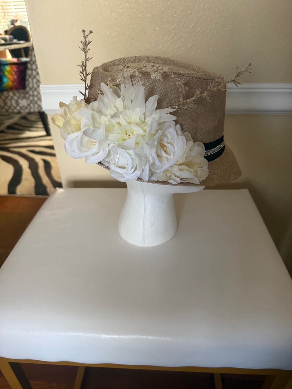 Decorative Burlap Fedora Straw Hat with White Floral Accent - Home Accents